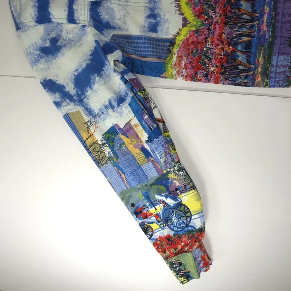 TAKE TWO Colorful Cityscape Denim Jacket WOMENS SIZE LARGE W/POCKETS 100% COTTON - Picture 13 of 16